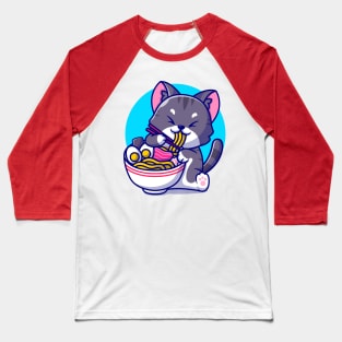 Cute Cat Eating Ramen Noodle With Chopstick Cartoon Baseball T-Shirt